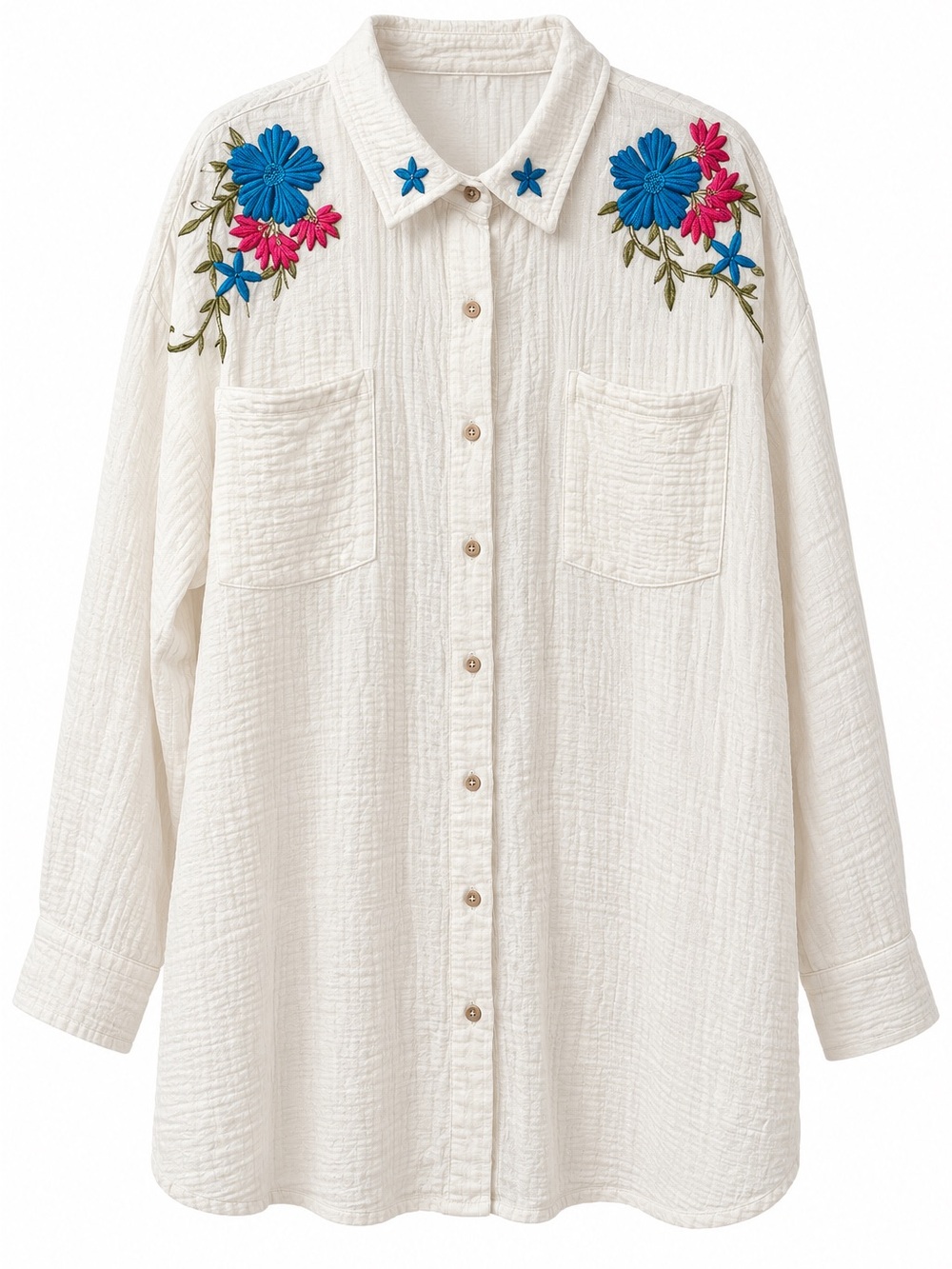 Embroidered Gauze Button-Down Shirt - White with Blue & Pink Floral Accents